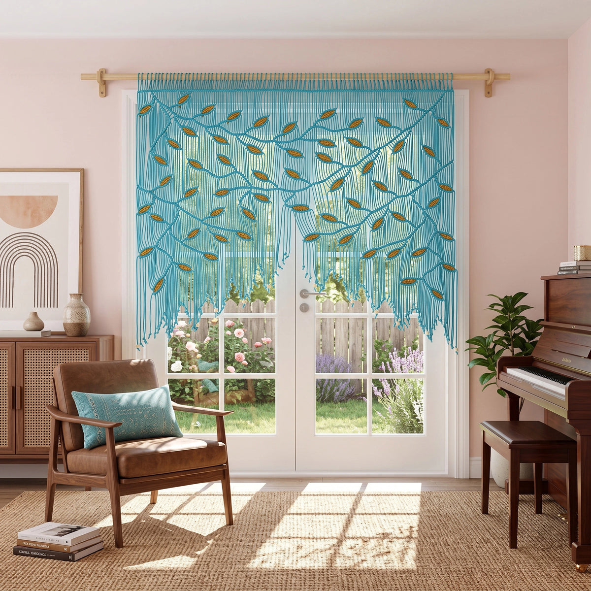 An olive green embroidered window valance with a leafy branch pattern, hanging on a wooden rod in a styled dining room with a pink wall and a window looking out to a garden.