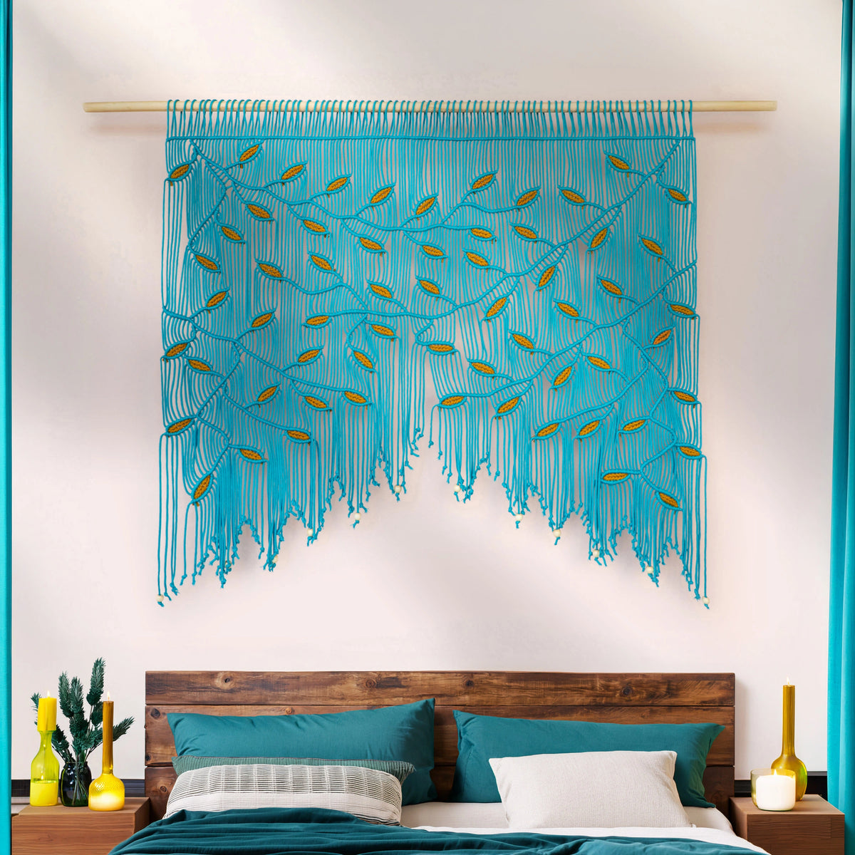 Contemporary bohemian wall hanging crafted from durable cotton cord, combining rich jewel-tone blue and sunny mustard colorways.