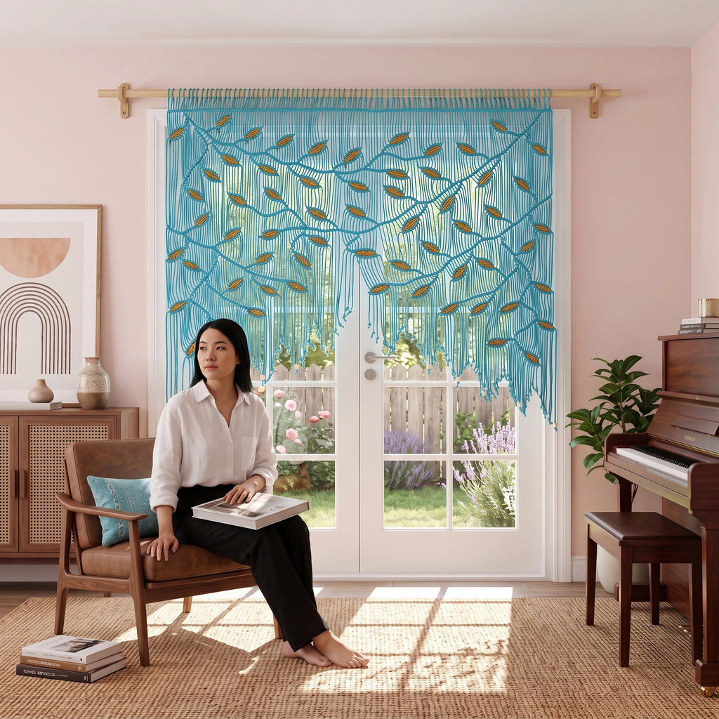 A woman stands in a sunlit kitchen wearing a cream linen outfit, with a large olive green embroidered curtain featuring leafy vine patterns hanging over a window behind her.
