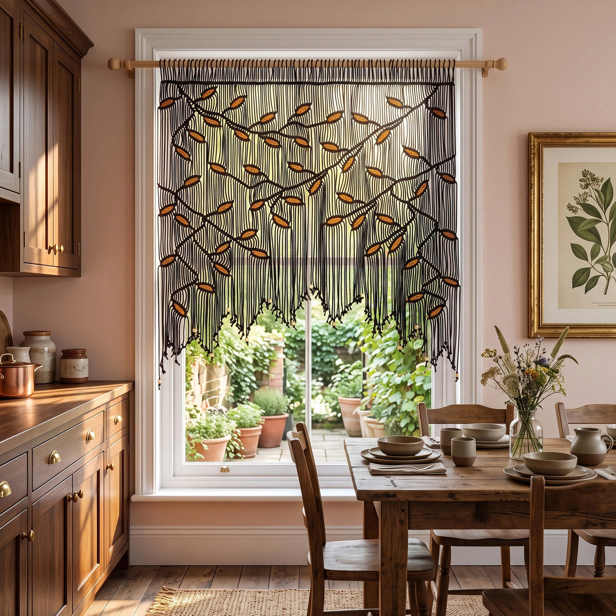 Textured fiber art statement piece featuring a symmetrical weeping macrame leaf pattern in black and golden mustard yellow tones.