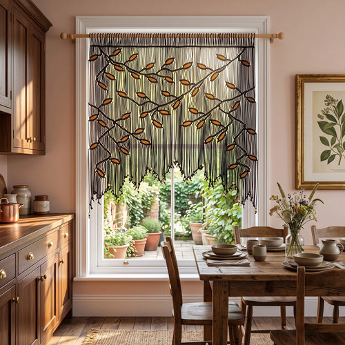 Textured fiber art statement piece featuring a symmetrical weeping macrame leaf pattern in black and golden mustard yellow tones.