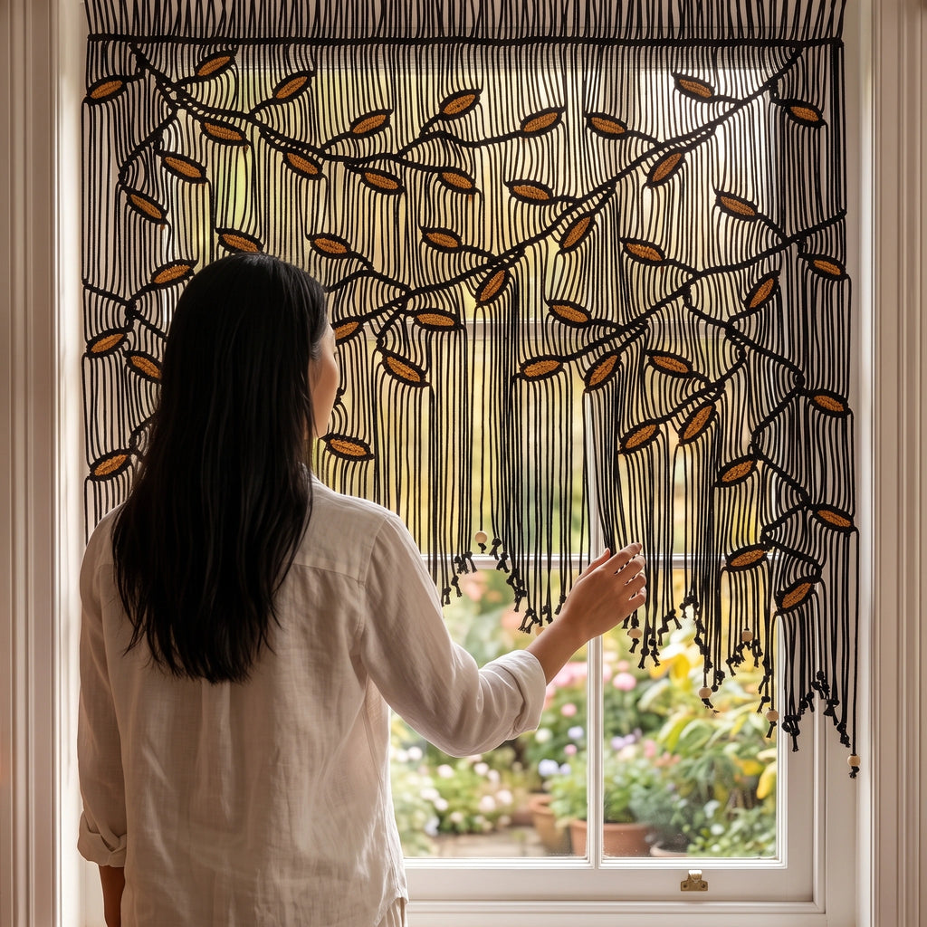 Hand-knotted botanical macrame backdrop displaying a cascading tree branch design with golden-yellow leaf accents.