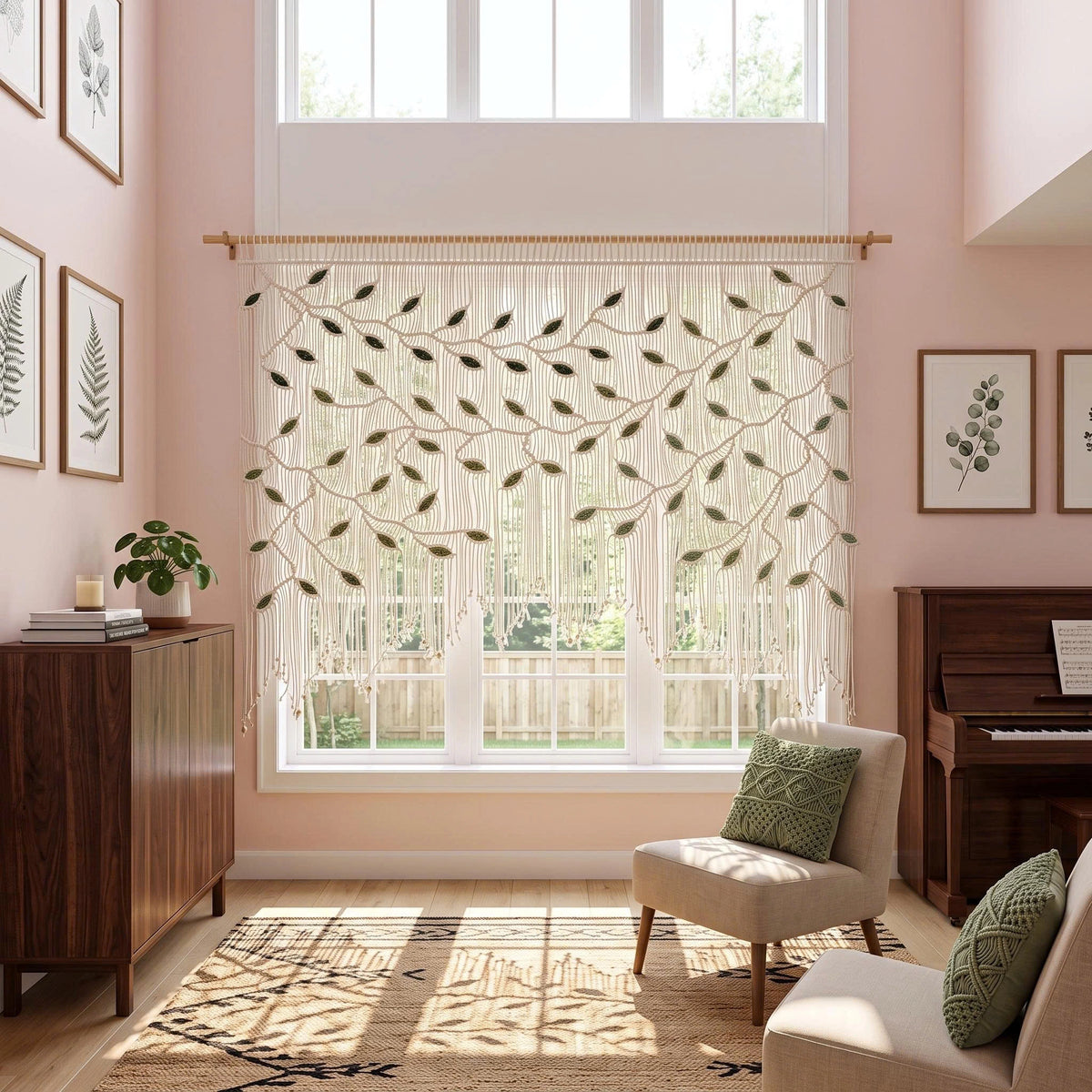 A leafy vine sheer curtain panel hanging on a wooden rod in a bright, modern room with pink walls, a wooden piano, and a beige armchair.