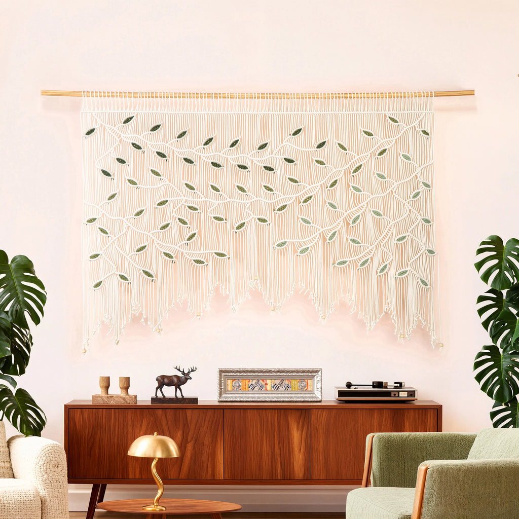 A large woven macrame wall hanging with a tree branch and leaf pattern, suspended above a wooden sideboard in a styled living room with plants and furniture.