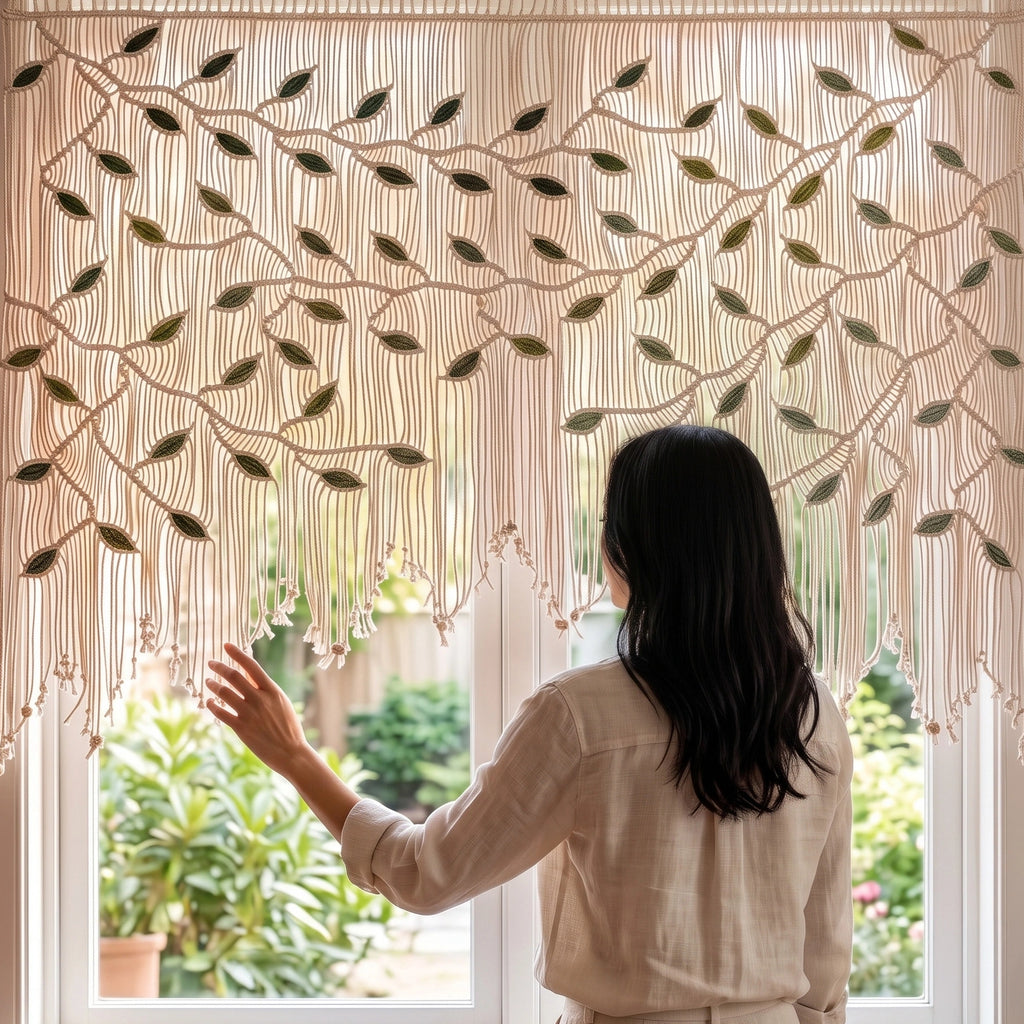 A woman stands by a window wearing a sheer beige curtain panel with an embroidered tree branch and leaf pattern, touching the fabric. Green garden foliage is visible outside the window.