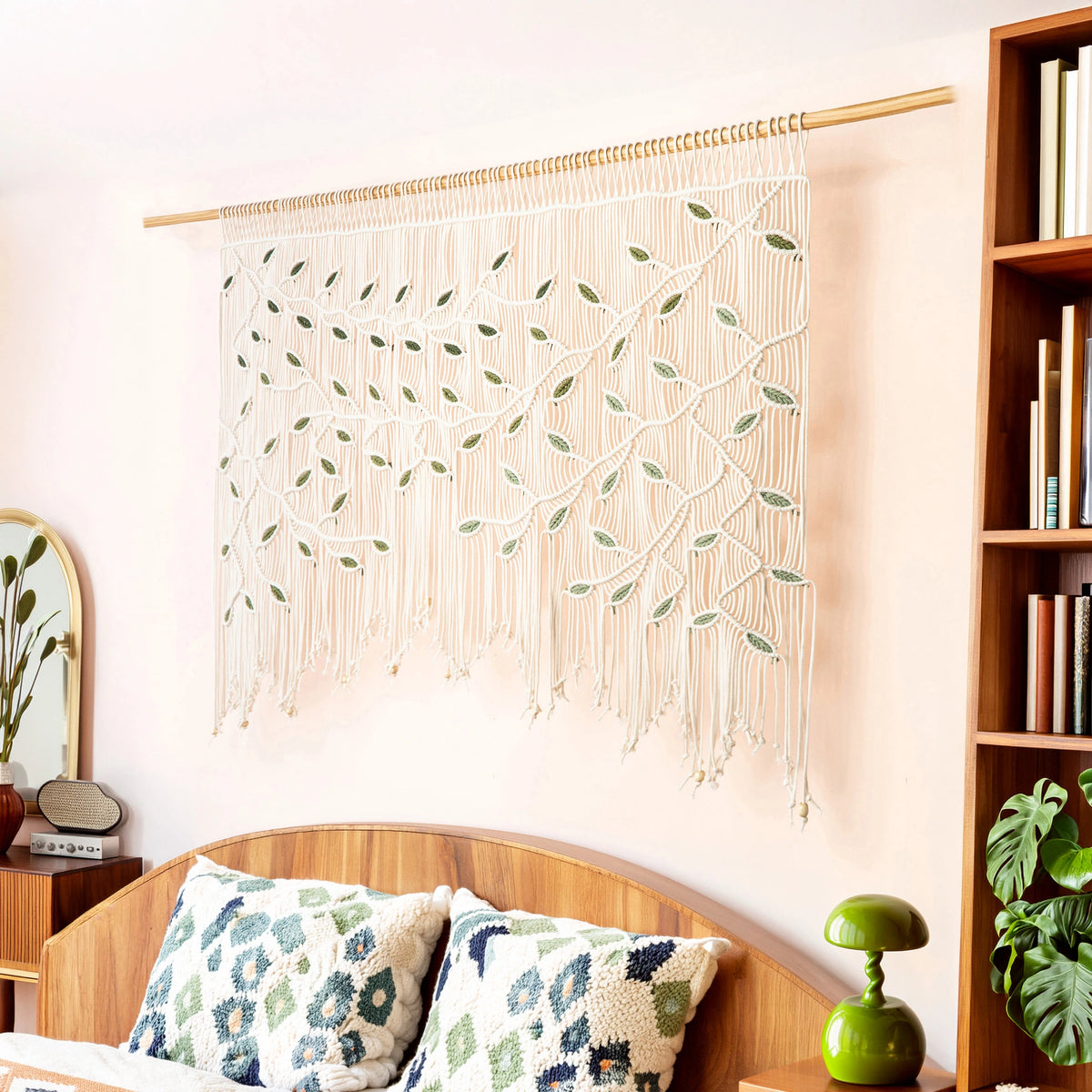 A large woven wall hanging with a tree branch and leaf pattern in cream and sage green, suspended from a wooden rod above a bed in a styled bedroom.