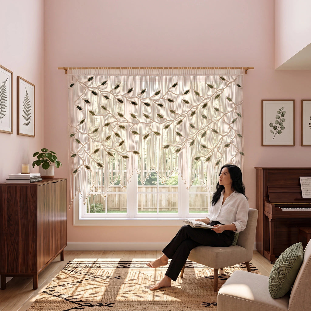 A woman sits in a chair in a sunlit room with pink walls, looking out a large window covered by sheer white curtains with embroidered green leafy branches. A wooden cabinet, framed botanical prints, and a piano are visible around her.