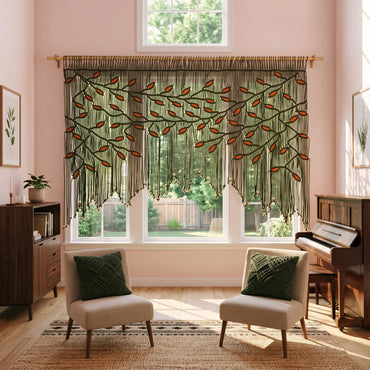 Contemporary bohemian wall hanging crafted from durable cotton cord, combining rich dark green and sunny orange colorways.