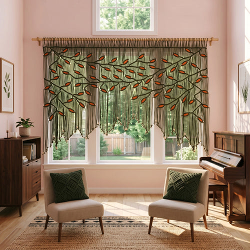 Contemporary bohemian wall hanging crafted from durable cotton cord, combining rich dark green and sunny orange colorways.