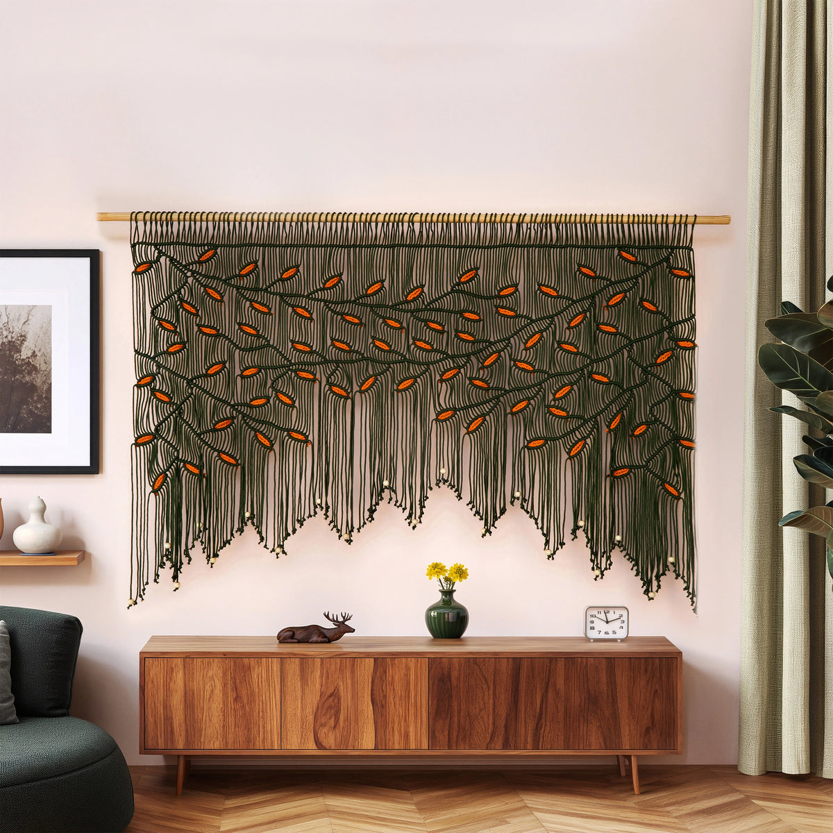 Artisanal dark green fiber art piece designed with dense multi-layered knotwork to add acoustic texture and organic warmth to interiors.