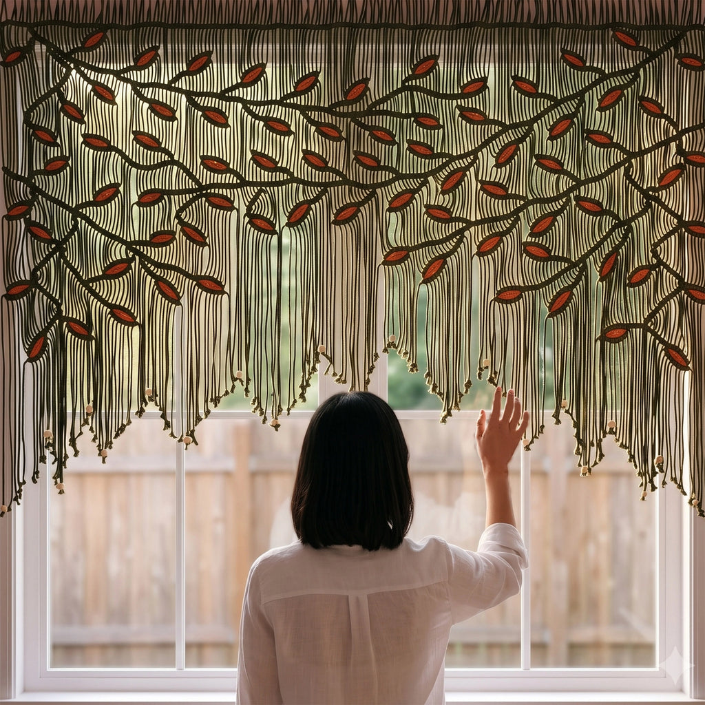 Premium handmade dark green macrame wall decor showcasing meticulous artisan knotting and a graceful, arched fringe silhouette.