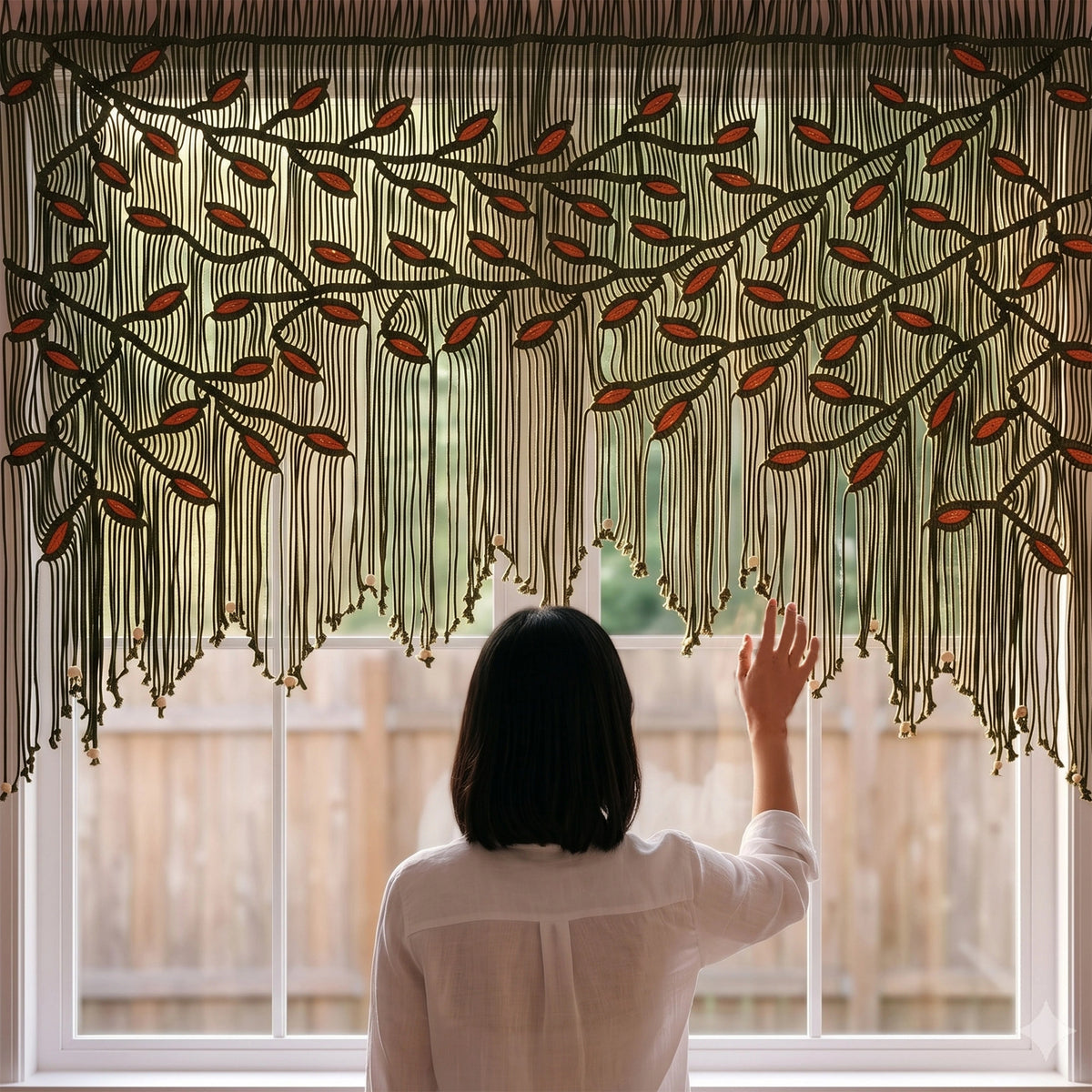 Premium handmade dark green macrame wall decor showcasing meticulous artisan knotting and a graceful, arched fringe silhouette.