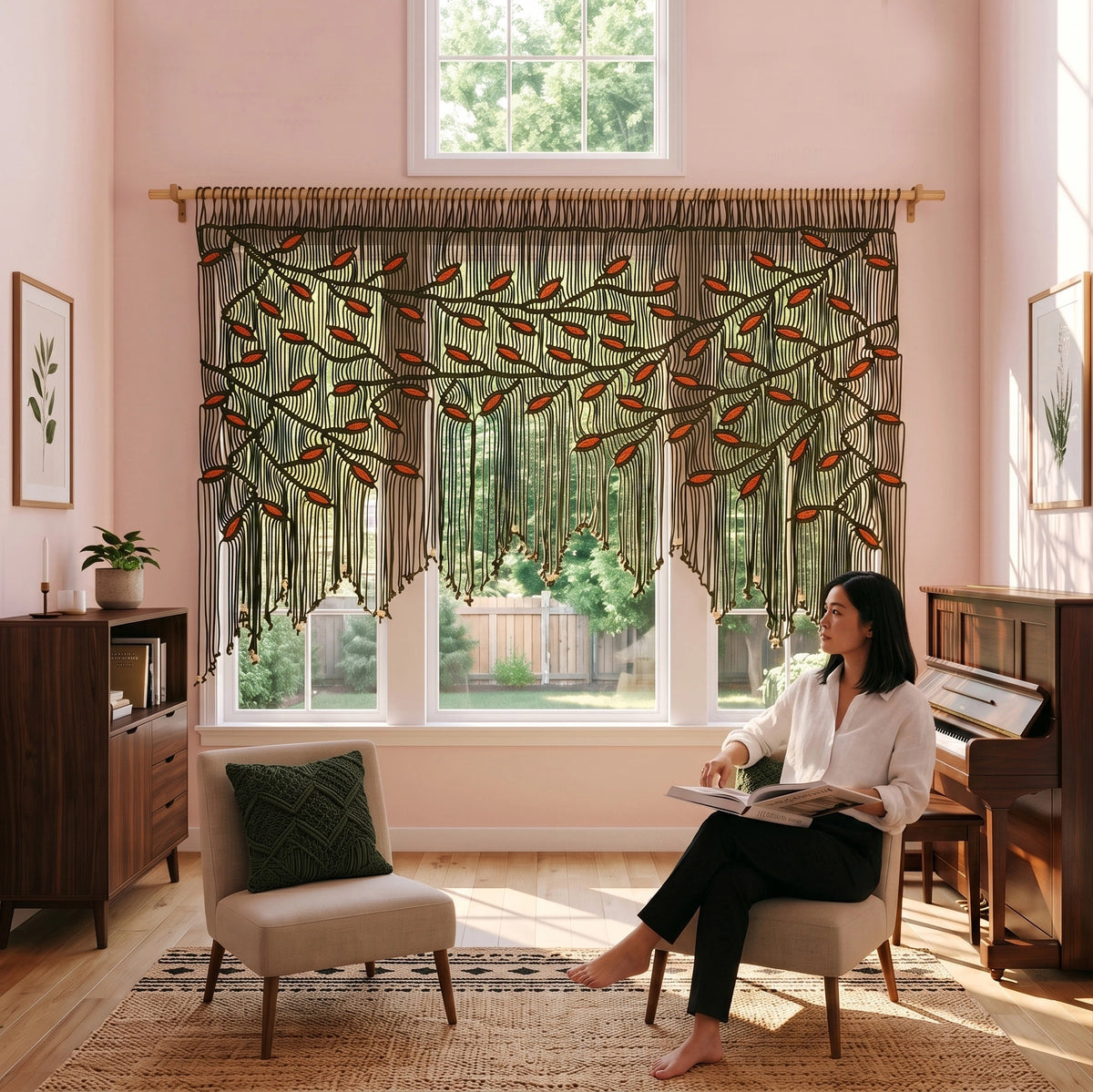 Large bohemian macrame tapestry highlighting organic geometry, flowing vines, and warm-toned botanical leaf patterns.