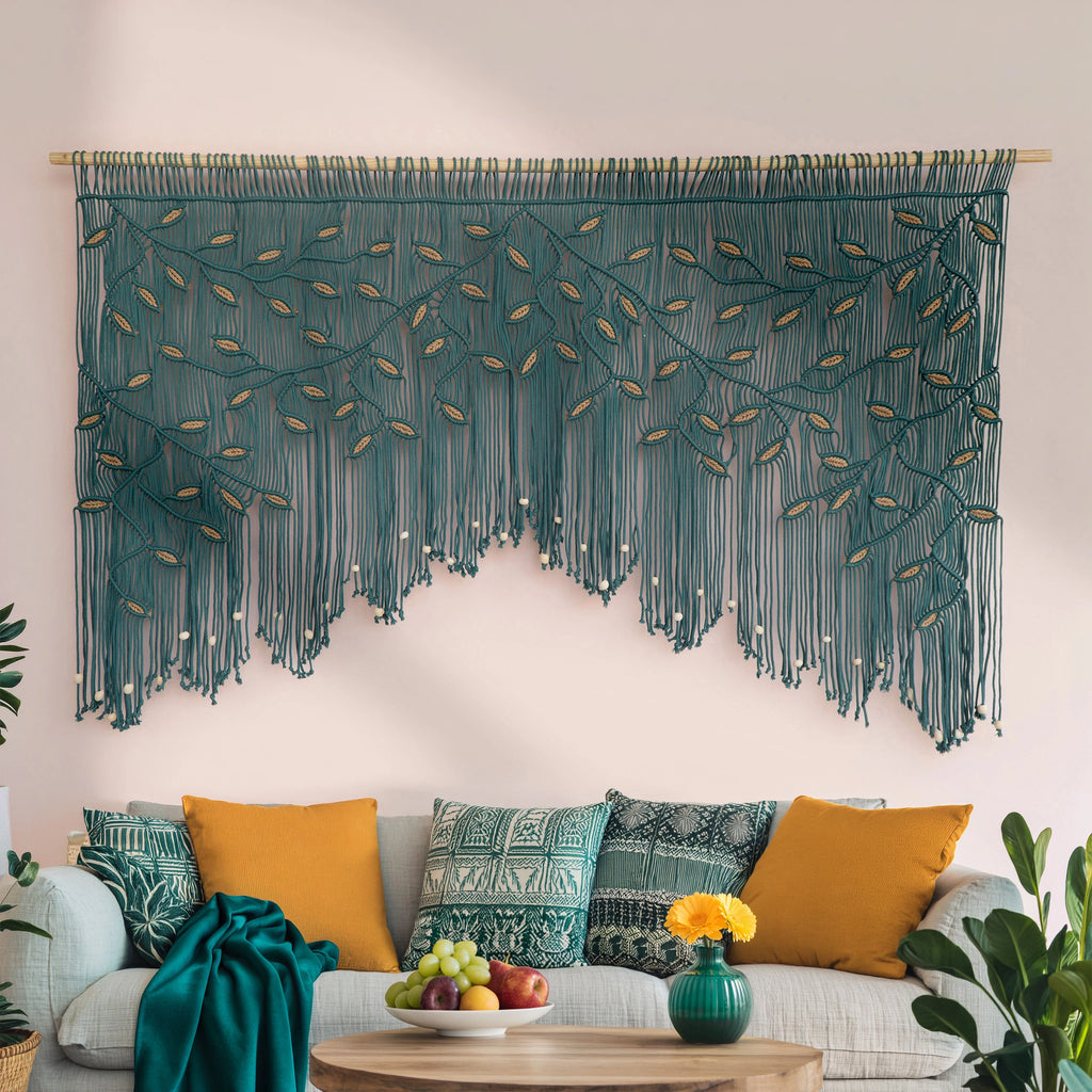 Decorative wall hanging with fringe in a living room setting