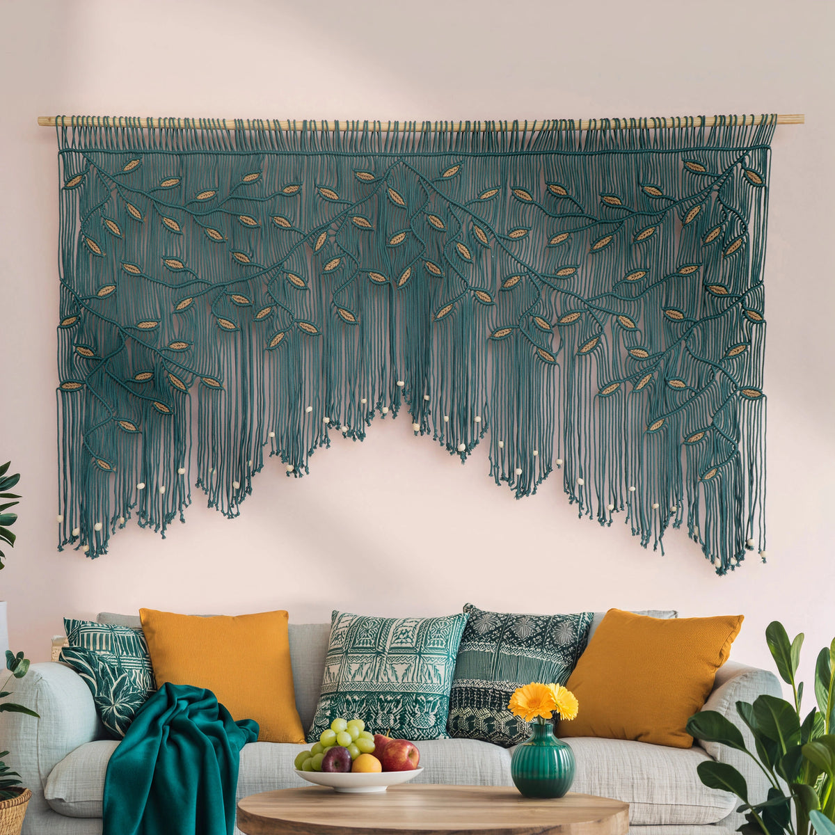 Decorative wall hanging with fringe in a living room setting