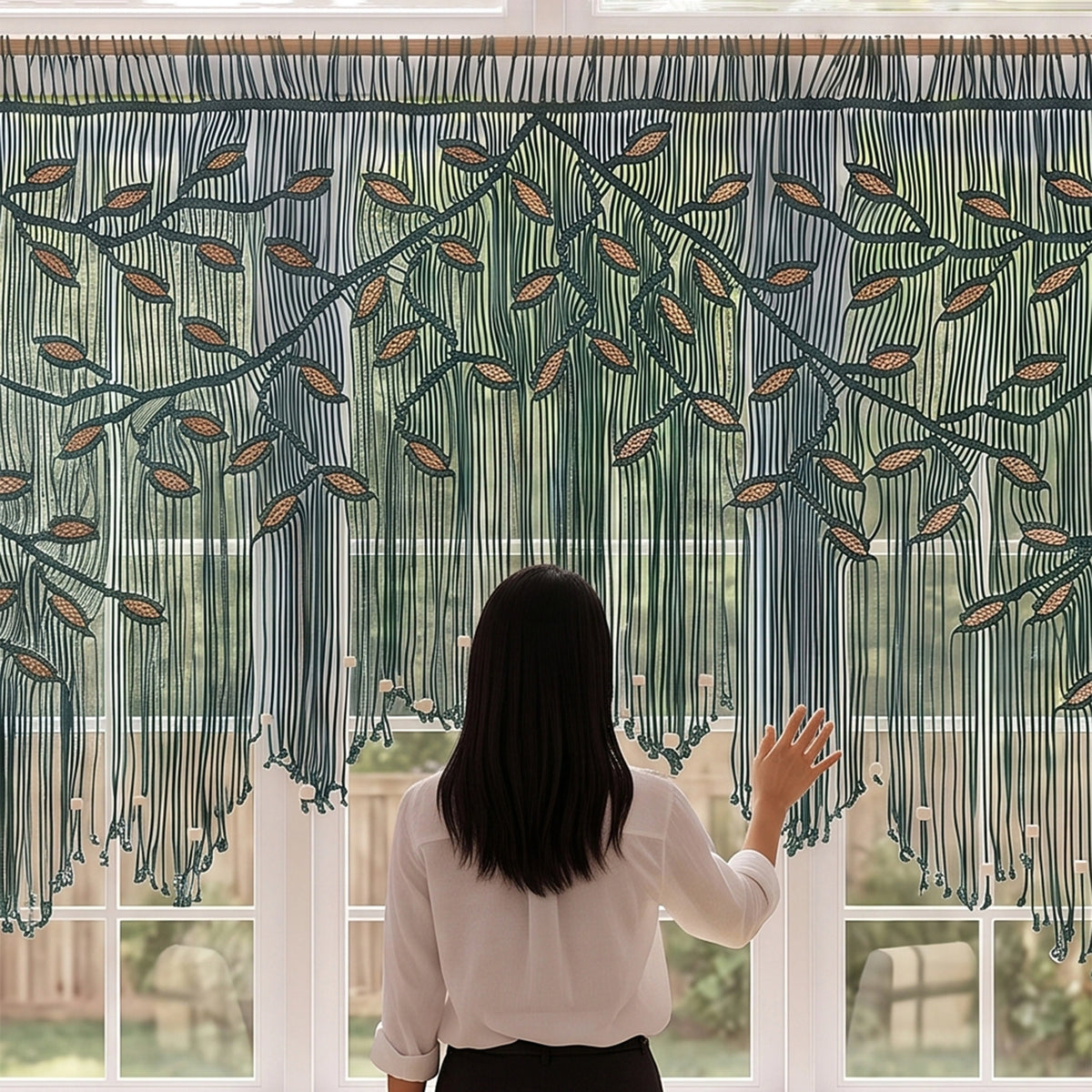 A woman viewed from behind stands in front of a large window, touching a sheer curtain panel with an embroidered leafy vine pattern in warm beige and brown tones. The background outside the window is softly blurred with pink and green foliage.