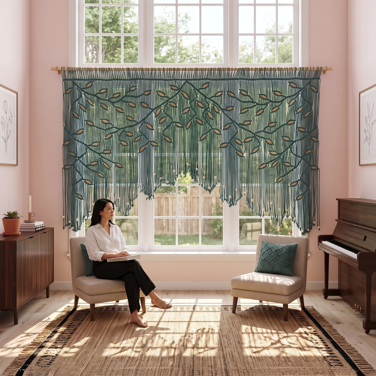A woman stands in a sunlit kitchen wearing a cream linen outfit, with a large olive green embroidered curtain featuring leafy vine patterns hanging over a window behind her.