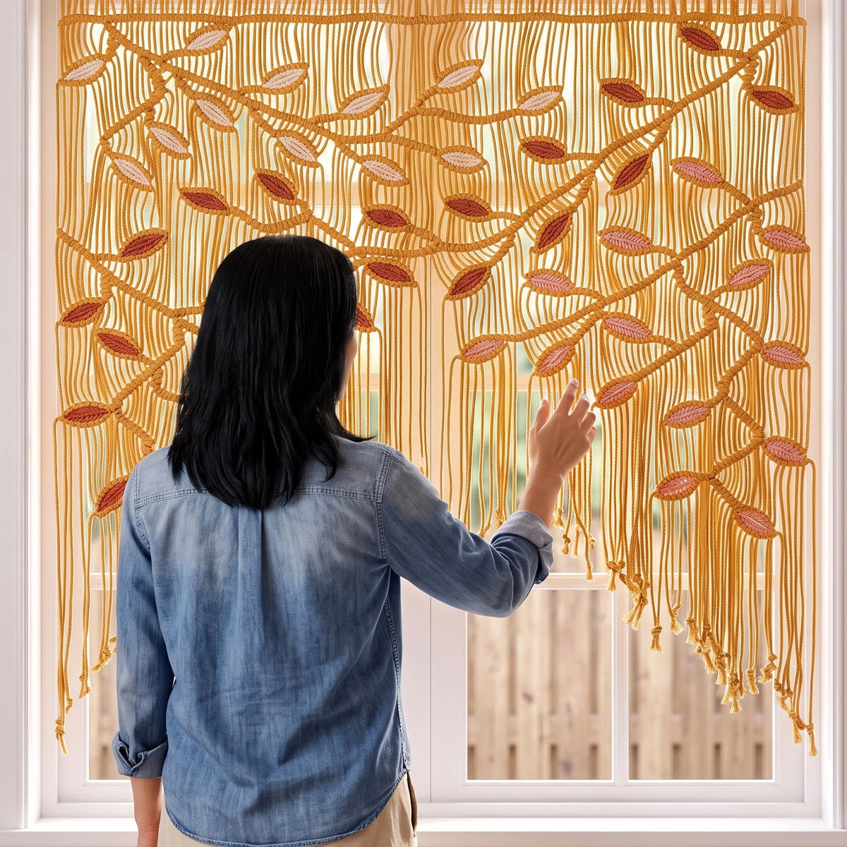 Handcrafted natural beige macrame wall hanging featuring an intricate botanical canopy of cream-colored vines and multicolored leaves in mustard yellow, dusty pink, and terracotta.