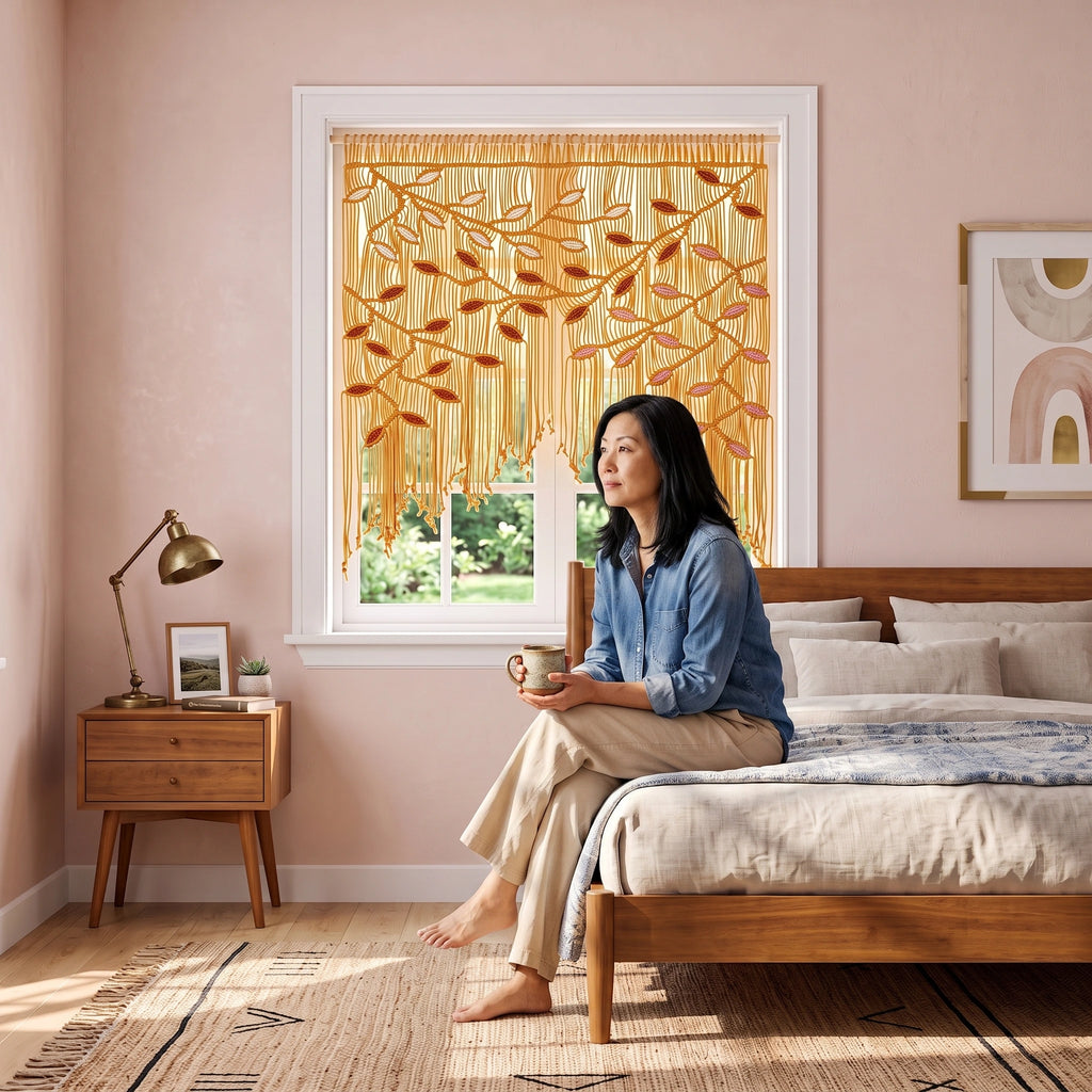 Oversized natural cotton macrame tapestry with scalloped fringe and wooden beads, displaying a symmetrical weeping tree branch pattern and warm multi-toned leaf accents.