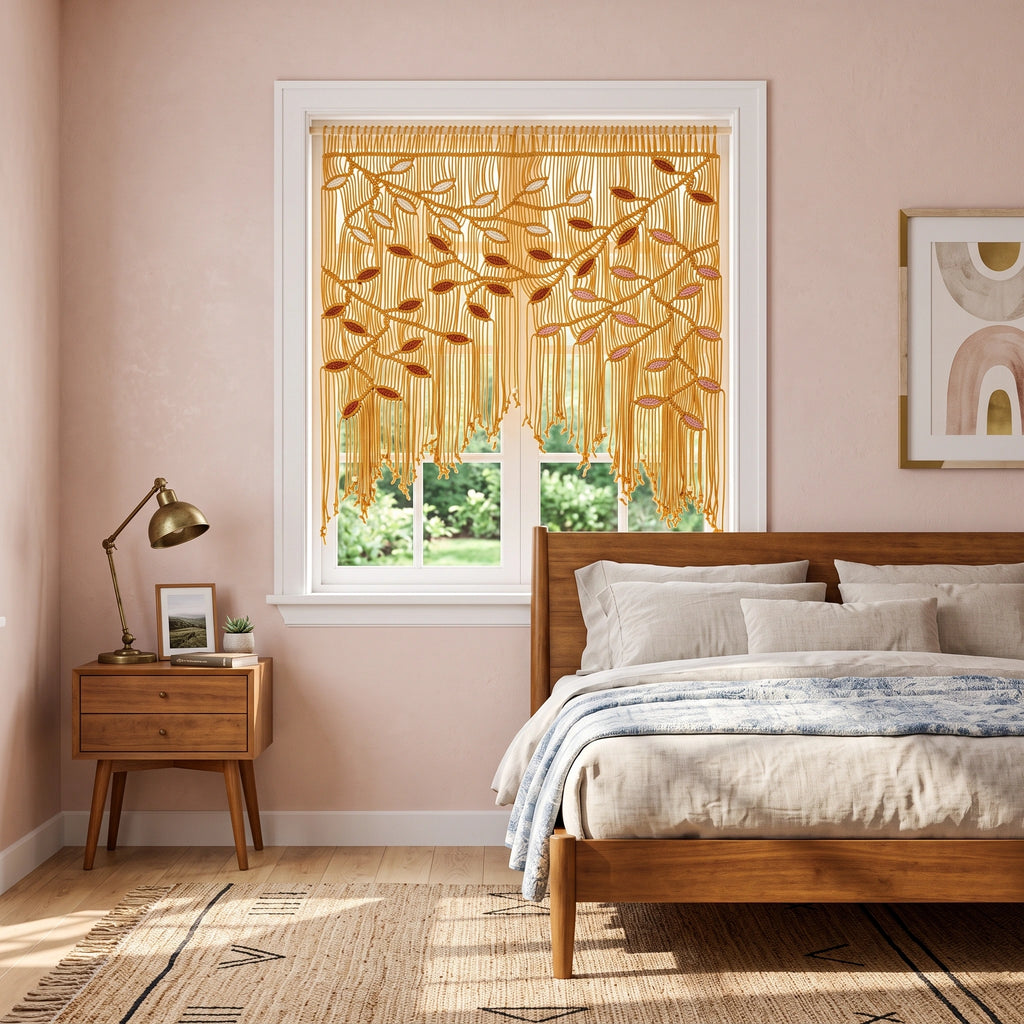 A window treatment with a gold leafy branch pattern and hanging fringe curtains installed in a white frame, shown in a styled bedroom with a wooden bed, bedside table, and lamp.