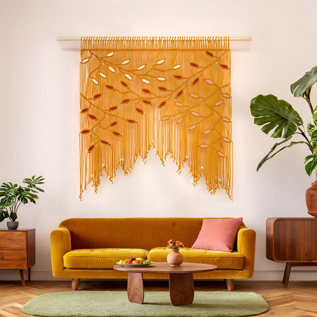 A large woven wall hanging with a mustard yellow leafy branch pattern and long fringe, displayed on a wooden rod above a mustard yellow sofa in a styled living room.