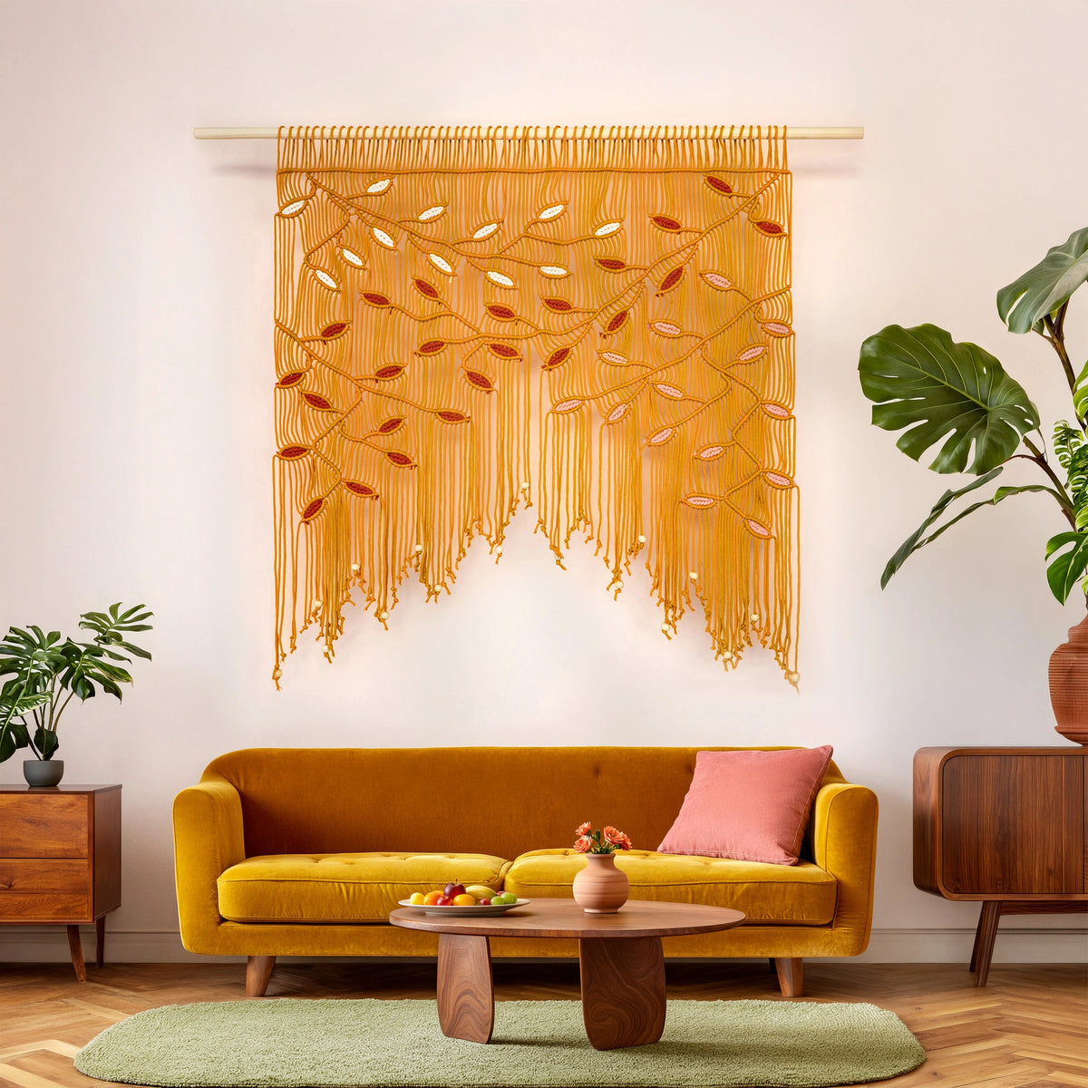 A large woven wall hanging with a mustard yellow leafy branch pattern and long fringe, displayed on a wooden rod above a mustard yellow sofa in a styled living room.