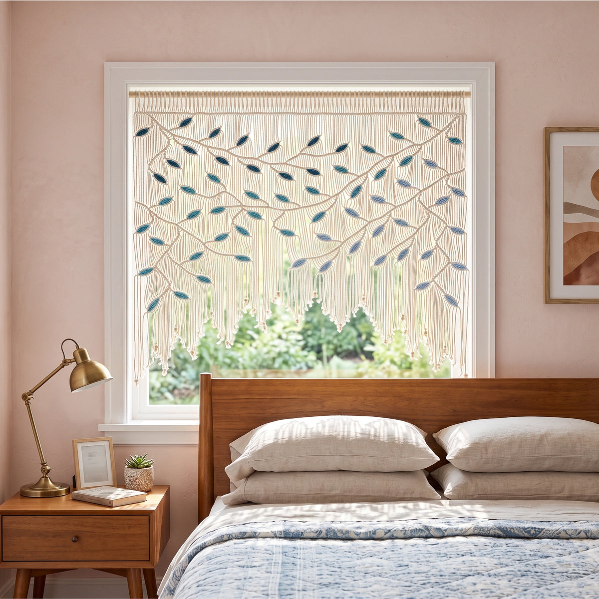 A leafy vine sheer curtain panel hanging on a wooden rod in a bright, modern room with pink walls, a wooden piano, and a beige armchair.