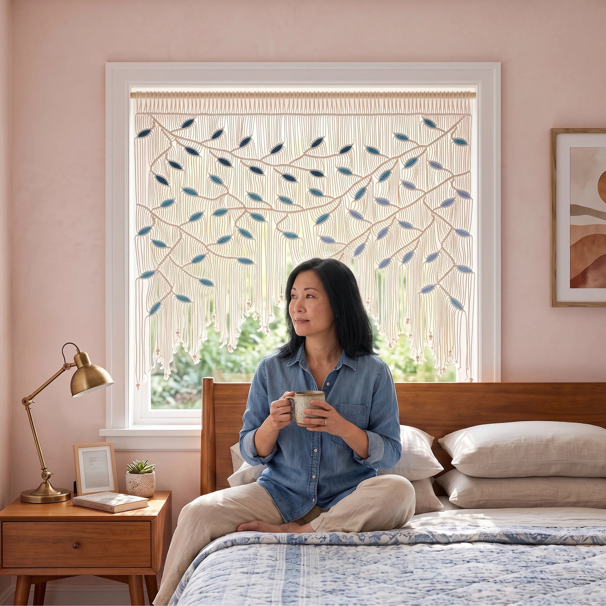 A woman sits on a green sofa in a cozy living room with pink walls, reading a book beside a window with a decorative beige curtain featuring brown leafy branch embroidery.