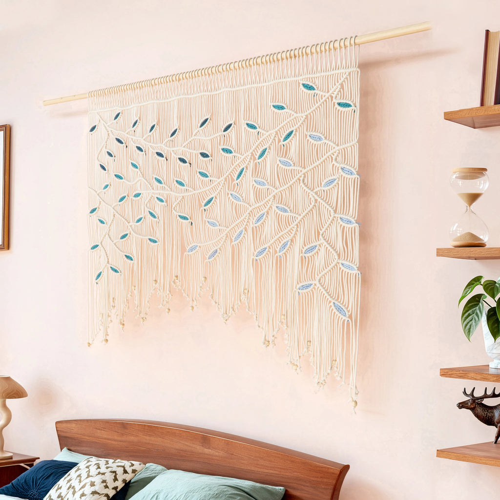 A large macrame wall hanging with a tree branch pattern in cream, light blue, and teal, suspended from a wooden rod in a bedroom setting.