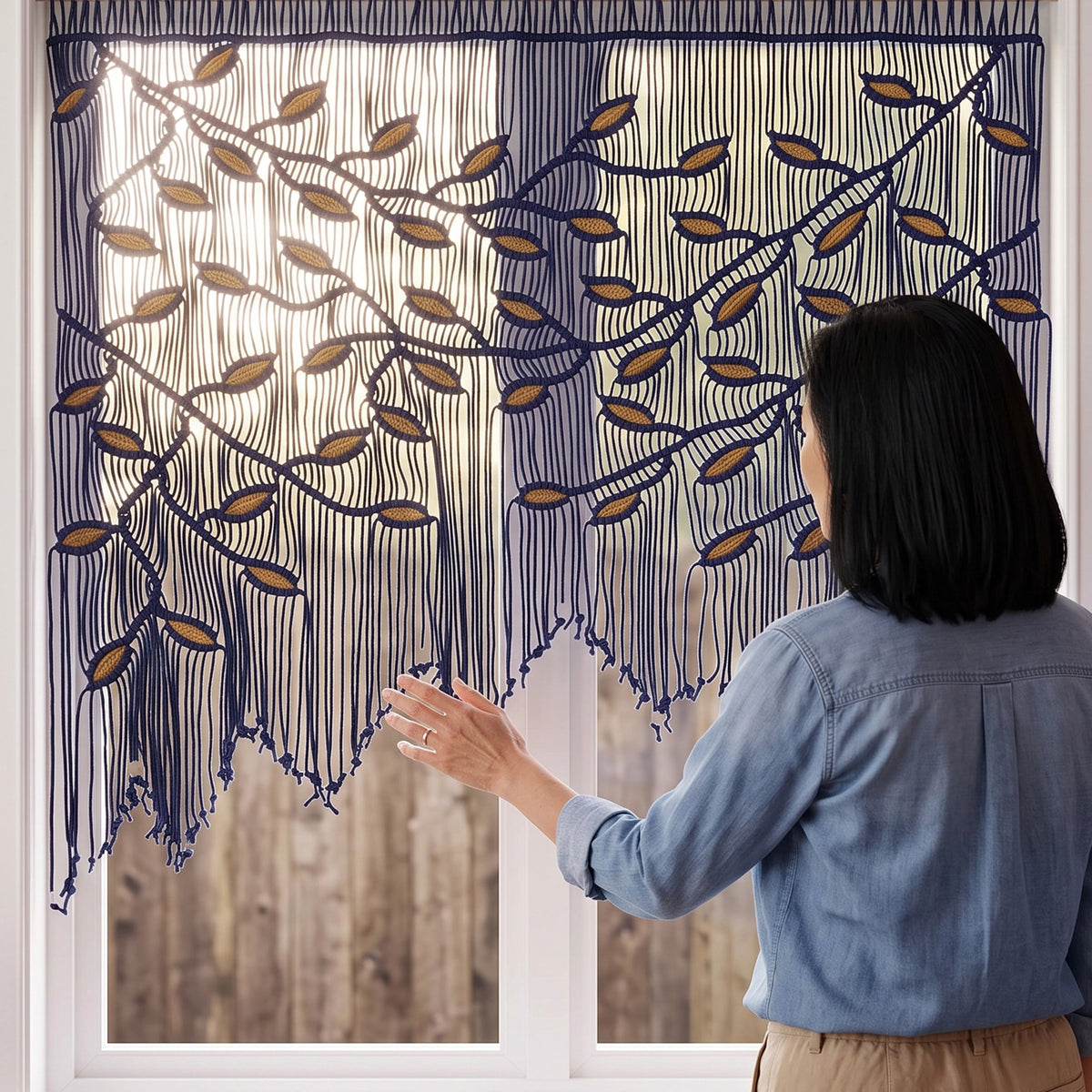 Jewel-toned macrame wall hanging in rich navy with contrasting mustard leaf details, perfectly styled for eclectic and modern bohemian interiors.