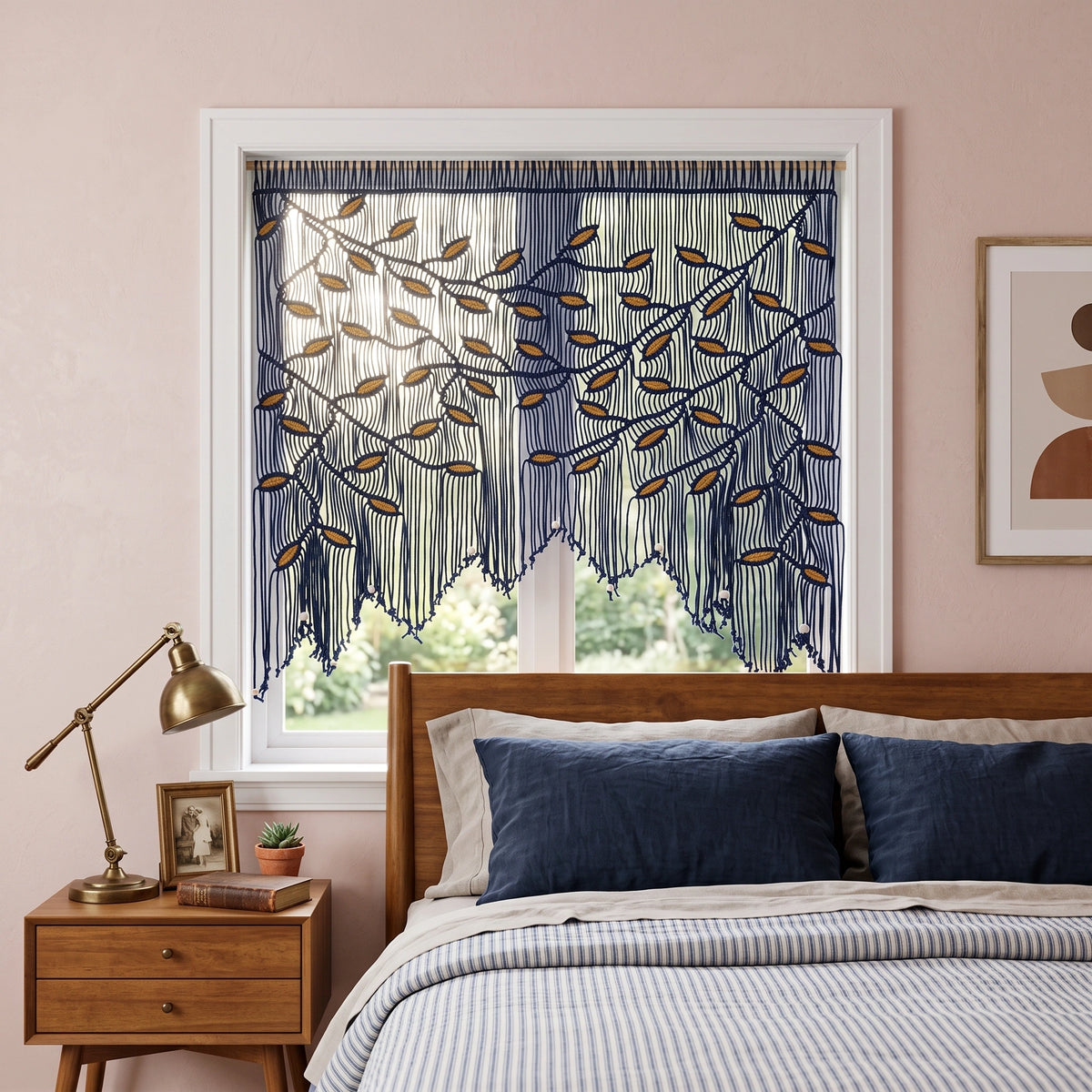 Handcrafted botanical macrame wall tapestry featuring a sweeping branch and leaf pattern in navy and golden yellow.