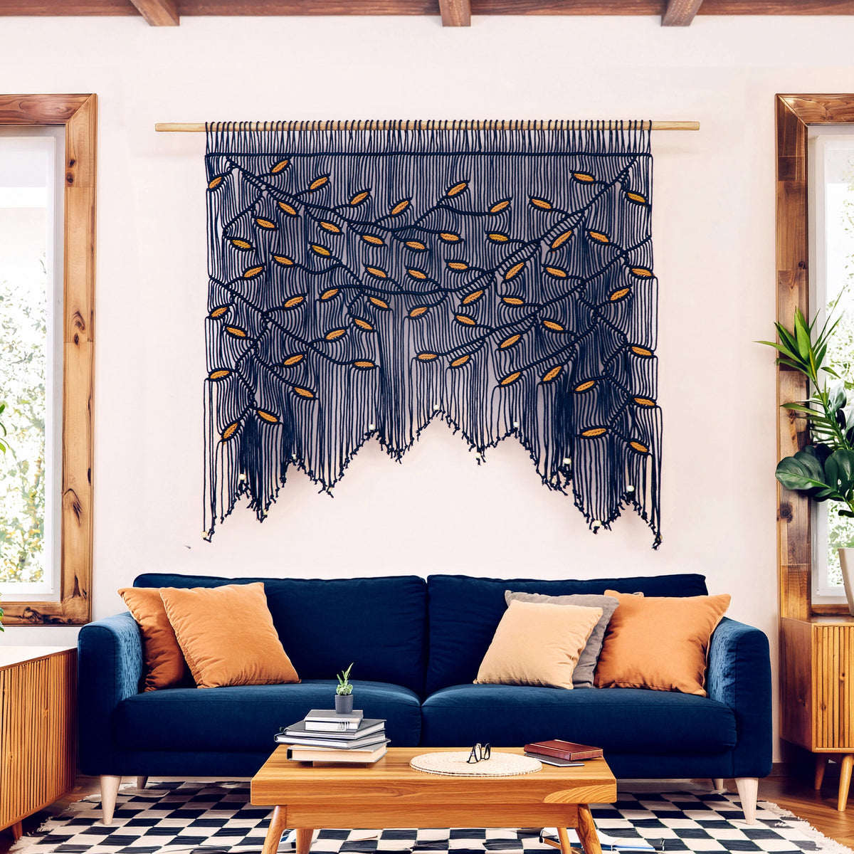 Detailed view of an navy macrame wall art piece showing individual hand-tied mustard leaves and smooth wooden hanging hardware.
