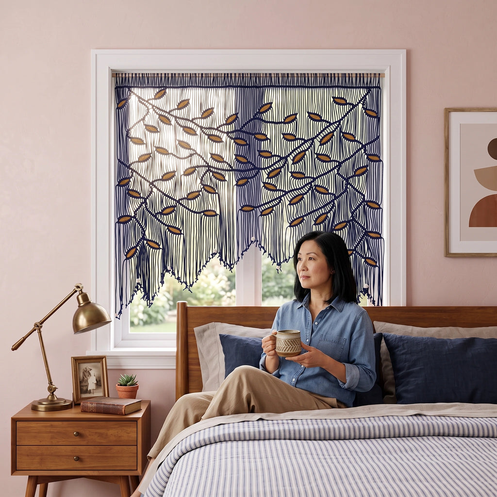 Wide horizontal macrame tapestry featuring a botanical leaf motif in navy and mustard hues, mounted on a solid wooden dowel.