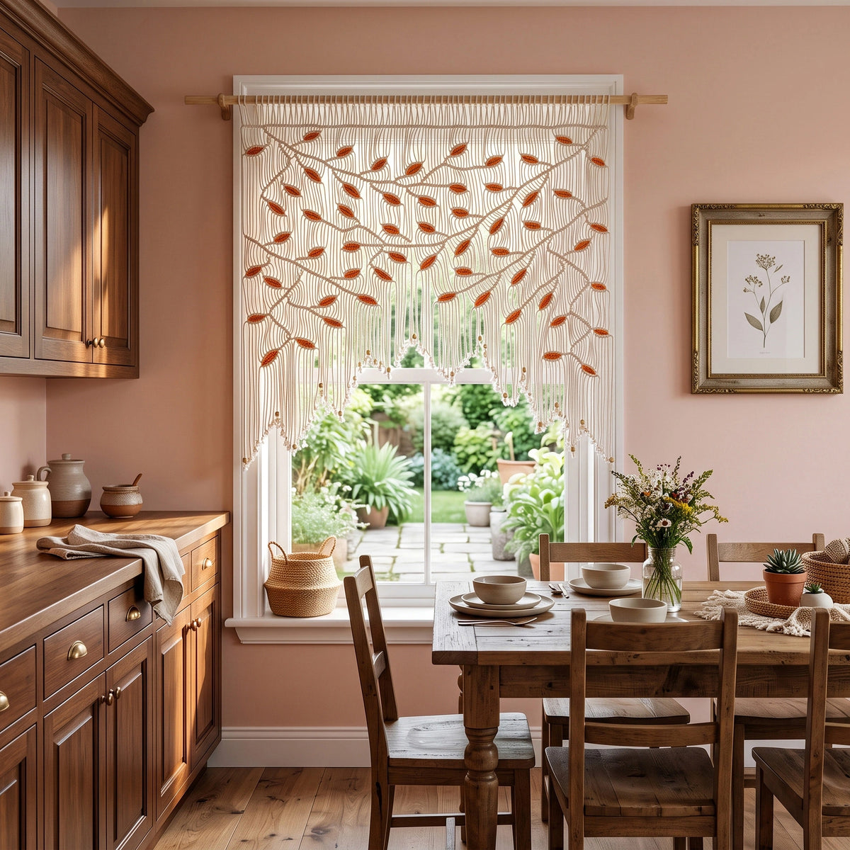 Oversized natural macrame tapestry with scalloped fringe, displaying a symmetrical weeping tree branch pattern and bright orange leaf accents.