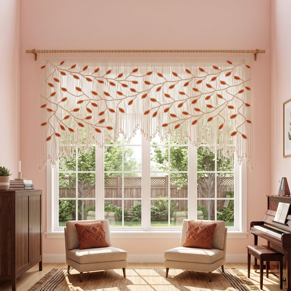 A sheer white curtain valance with embroidered tree branches and orange leaves, hanging over a multi-pane window in a styled room with two armchairs, a cabinet, and a piano.