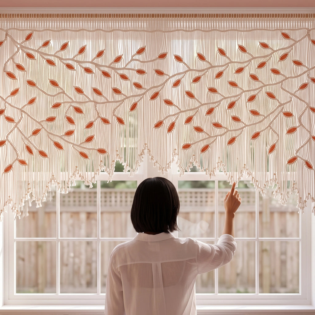 Modern boho natural macrame tapestry designed with warm earth tones, ideal for living room focal walls and statement interior styling.