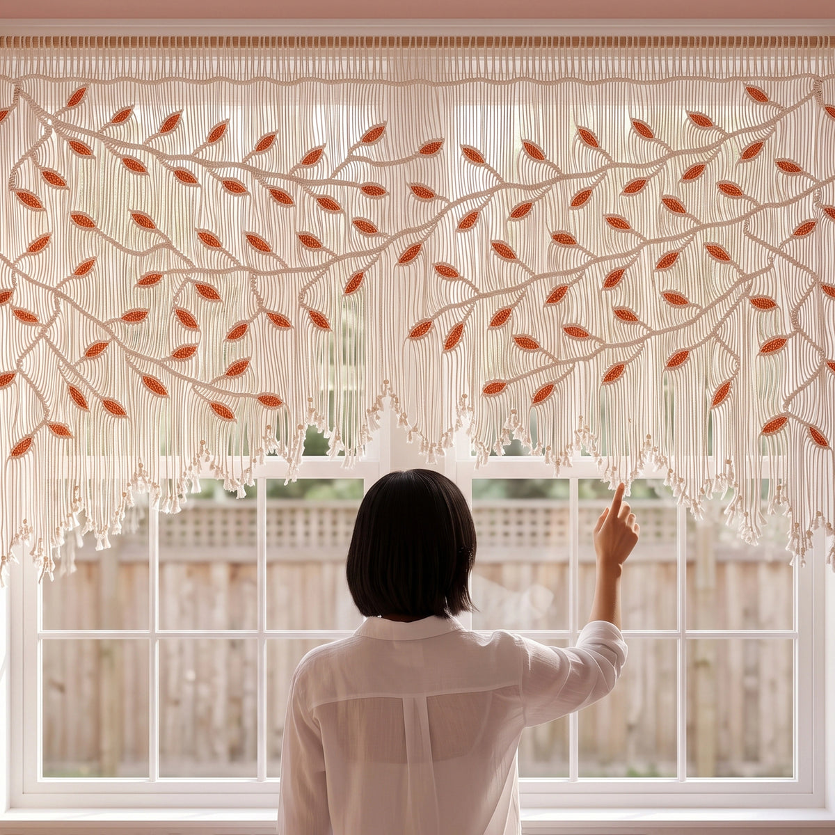 Modern boho natural macrame tapestry designed with warm earth tones, ideal for living room focal walls and statement interior styling.