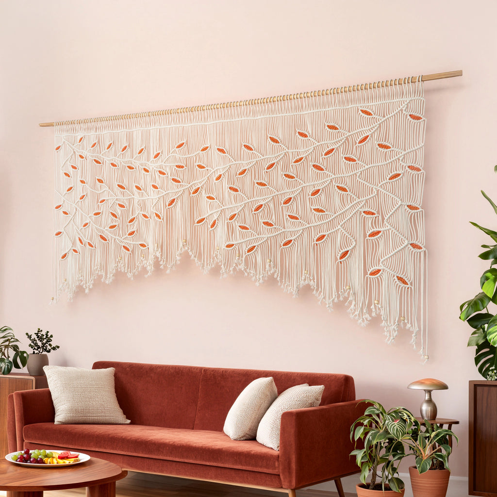 Wide botanical macrame tapestry showcasing an arched branch canopy in soft cream with warm rust-orange leaf highlights positioned above a rust sofa.