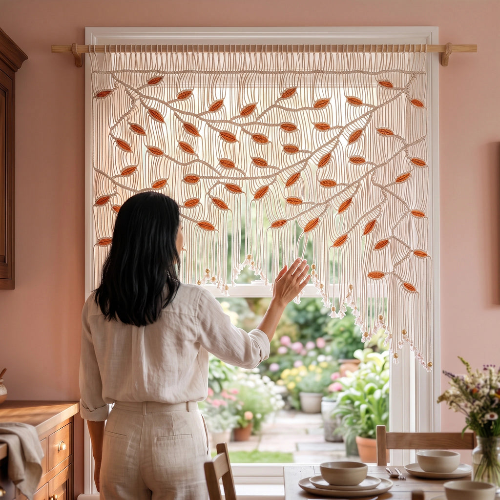 Hand-knotted 100% cotton rope wall hanging in natural beige with vibrant orange leaf details and natural wooden hanging rod.