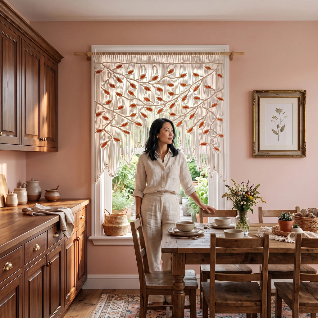 Textured fiber art statement piece featuring a symmetrical weeping macrame leaf pattern in natural beige and bright orange tones.