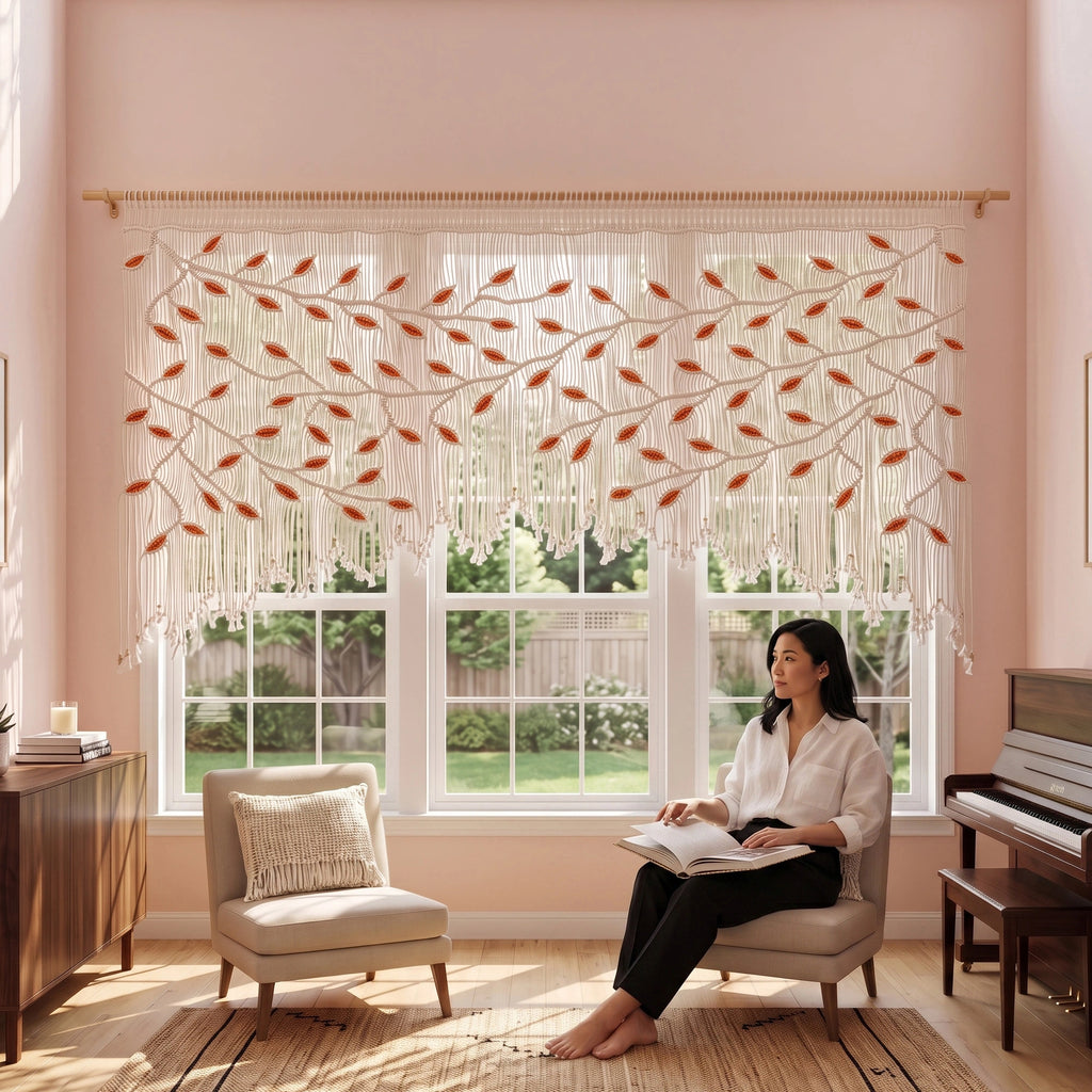 A woman sits on a green sofa in a cozy living room with pink walls, reading a book beside a window with a decorative beige curtain featuring brown leafy branch embroidery.