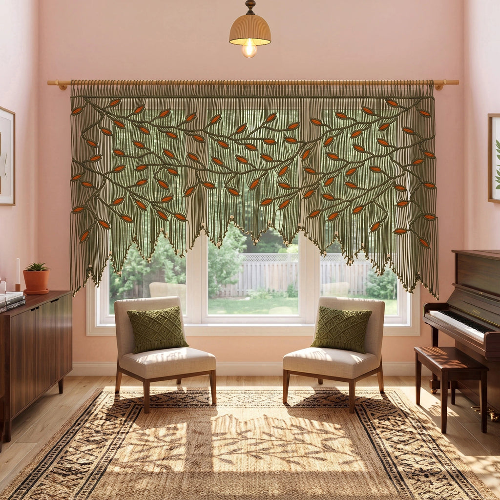 Handcrafted olive green macrame wall hanging featuring an intricate botanical canopy of dark green vines and vibrant orange leaves, hung above a modern green velvet sofa.