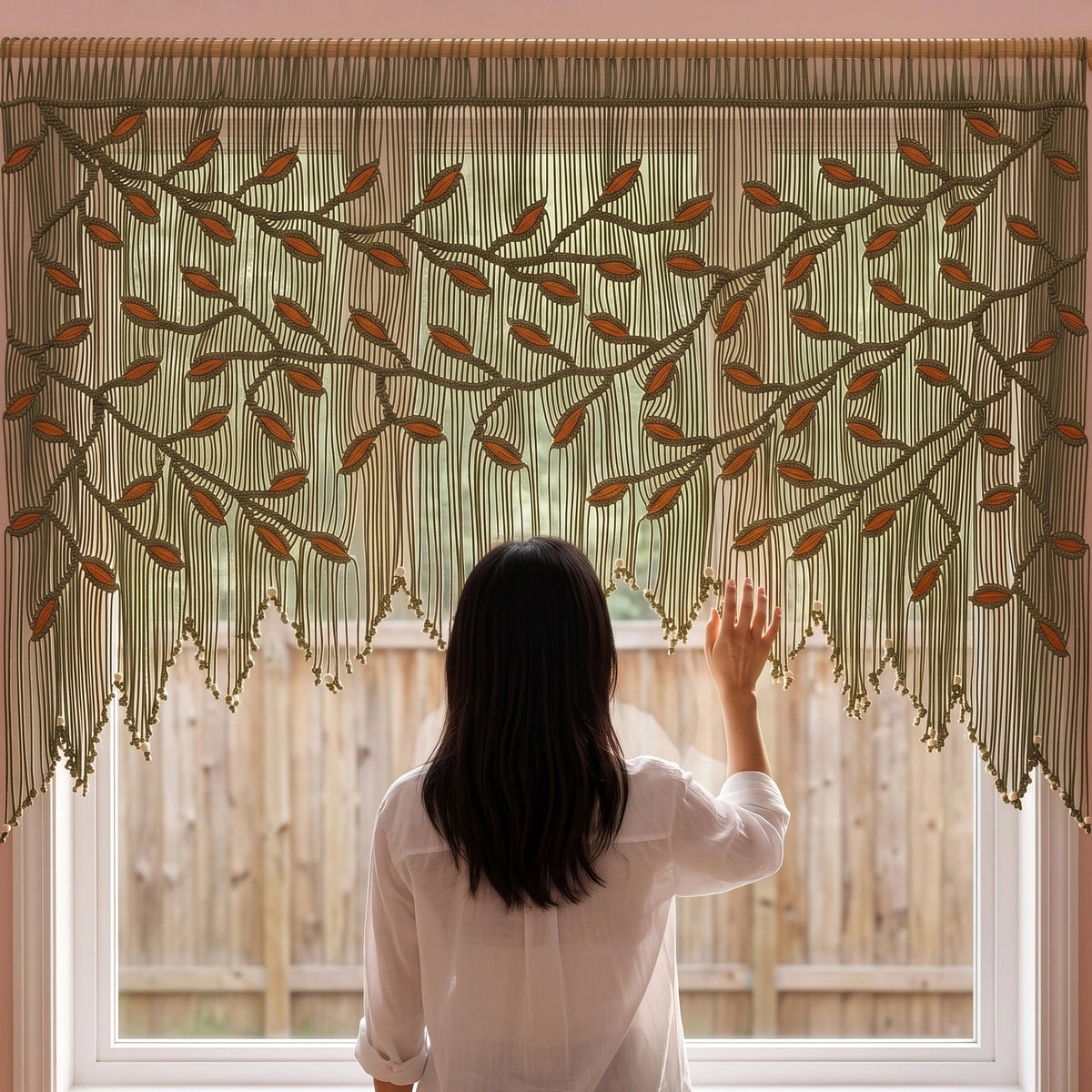 Hand-knotted 100% cotton rope wall hanging in deep olive green with vibrant orange leaf details and a natural wooden hanging rod.