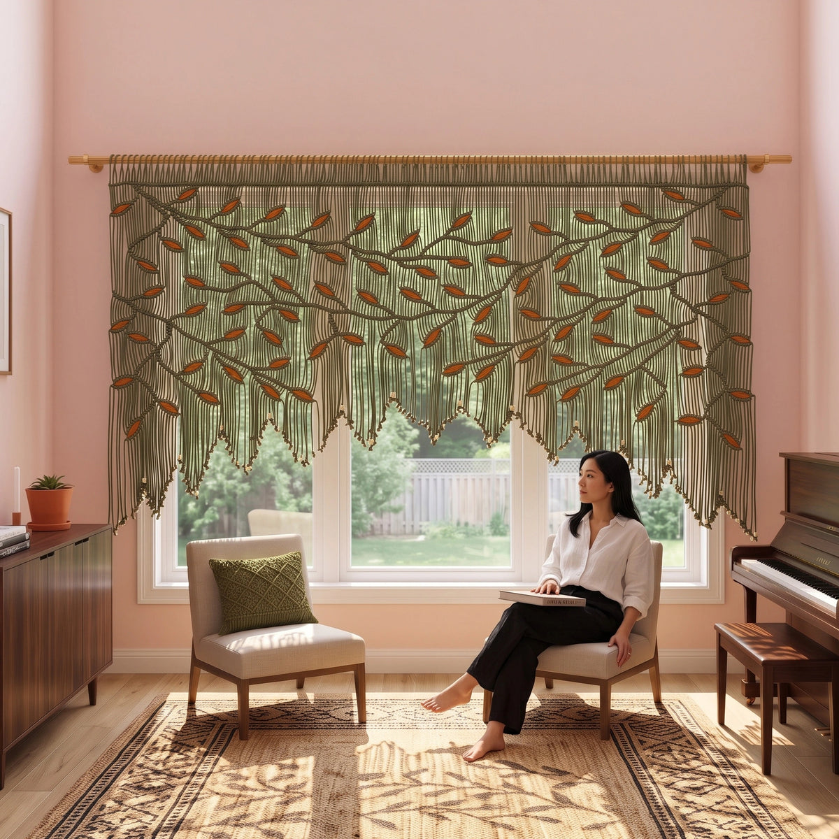 A woman stands in a sunlit kitchen wearing a cream linen outfit, with a large olive green embroidered curtain featuring leafy vine patterns hanging over a window behind her.