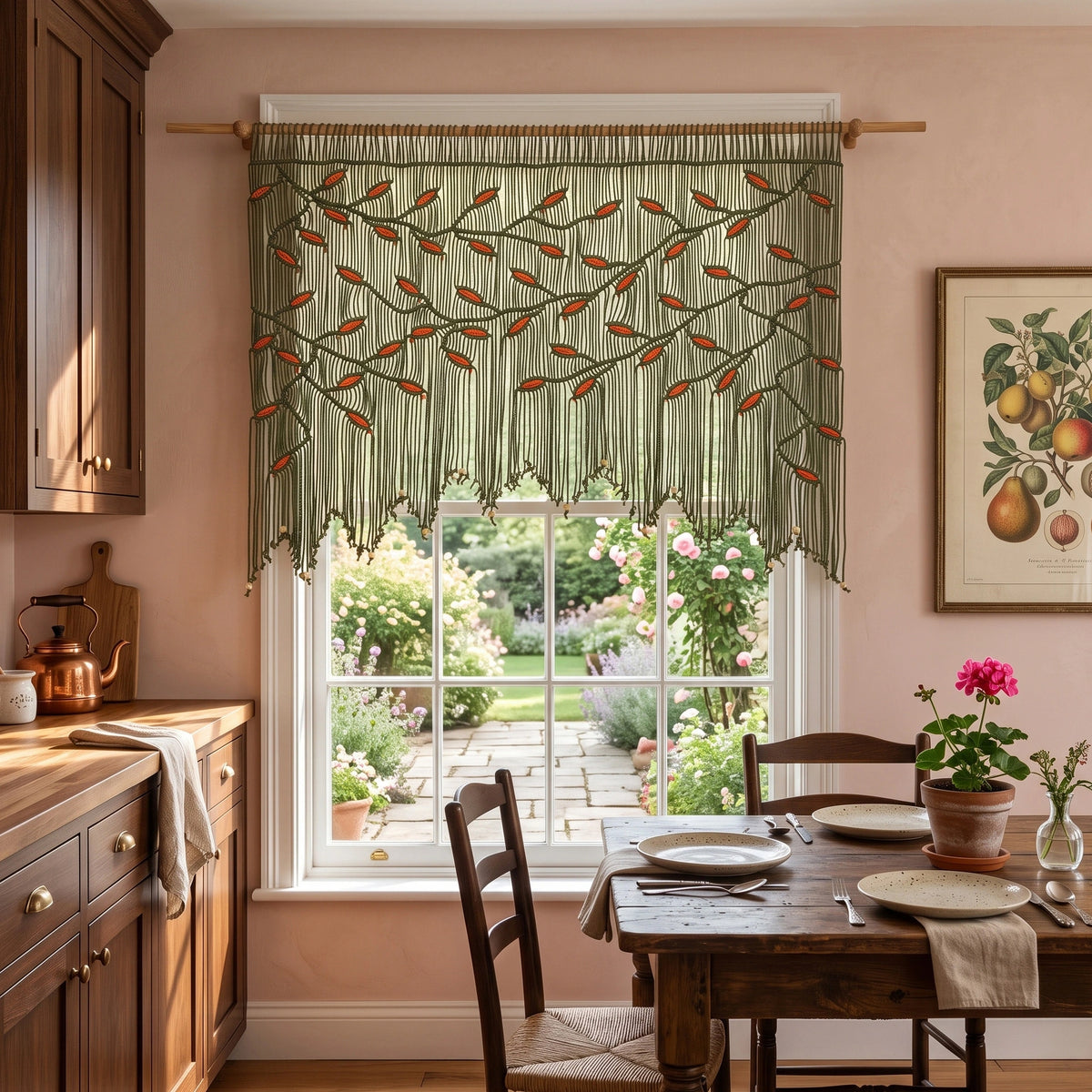 Oversized olive green macrame tapestry with scalloped fringe, displaying a symmetrical weeping tree branch pattern and bright orange leaf accents.