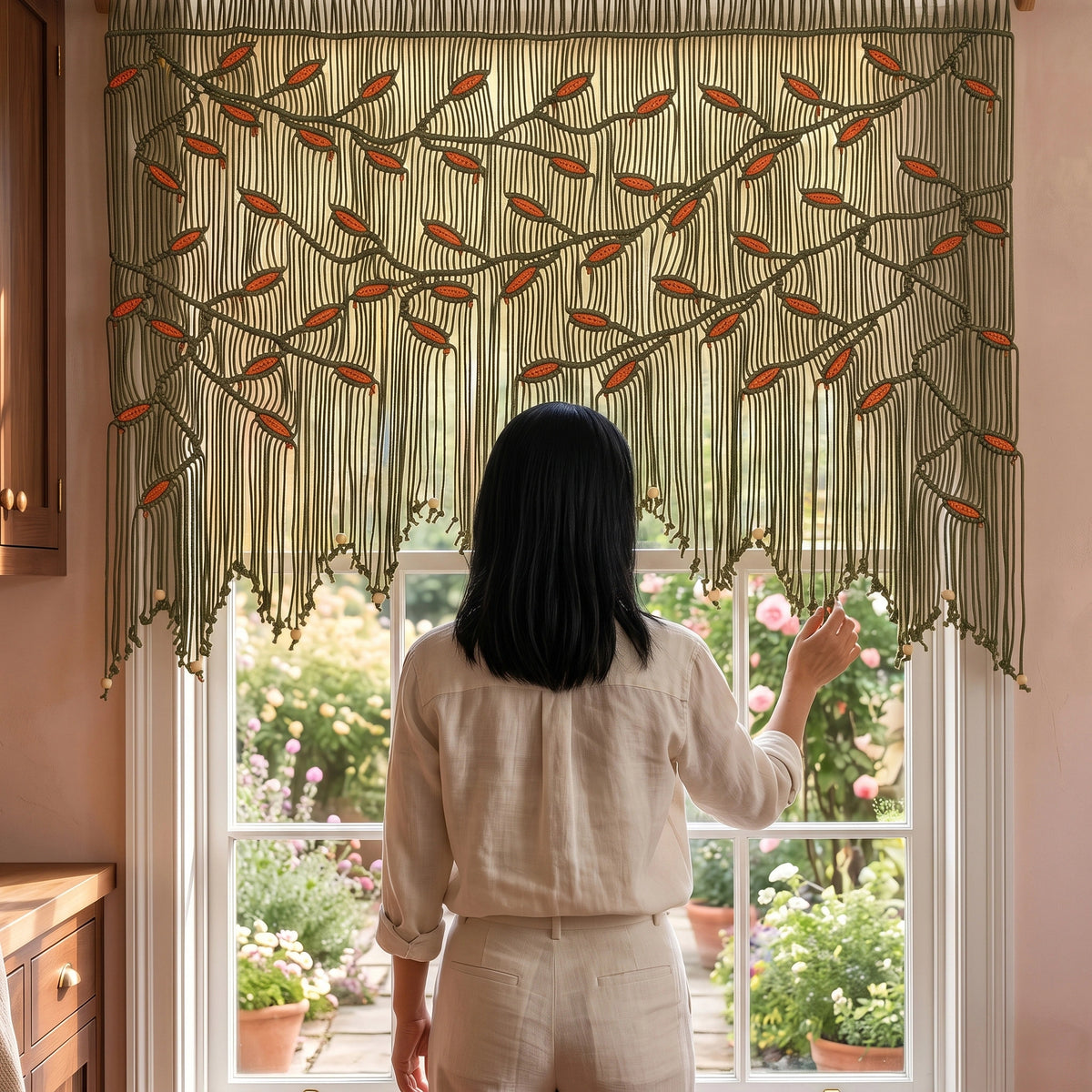 Hand-knotted 100% cotton rope wall hanging in deep olive green with vibrant orange leaf details and natural wooden hanging rod.