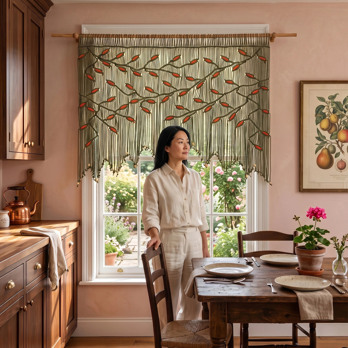 Textured fiber art statement piece featuring a symmetrical weeping macrame leaf pattern in olive green and bright orange tones.