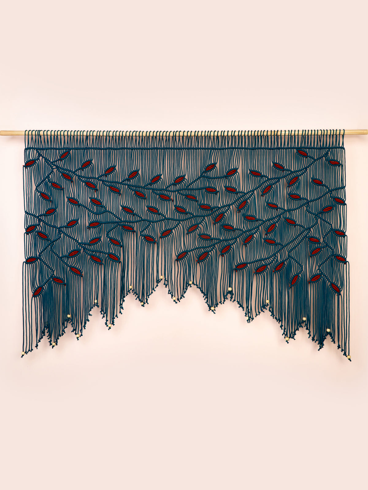 Textured teal textile art featuring a nature-inspired climbing merlot vine pattern for wide walls.