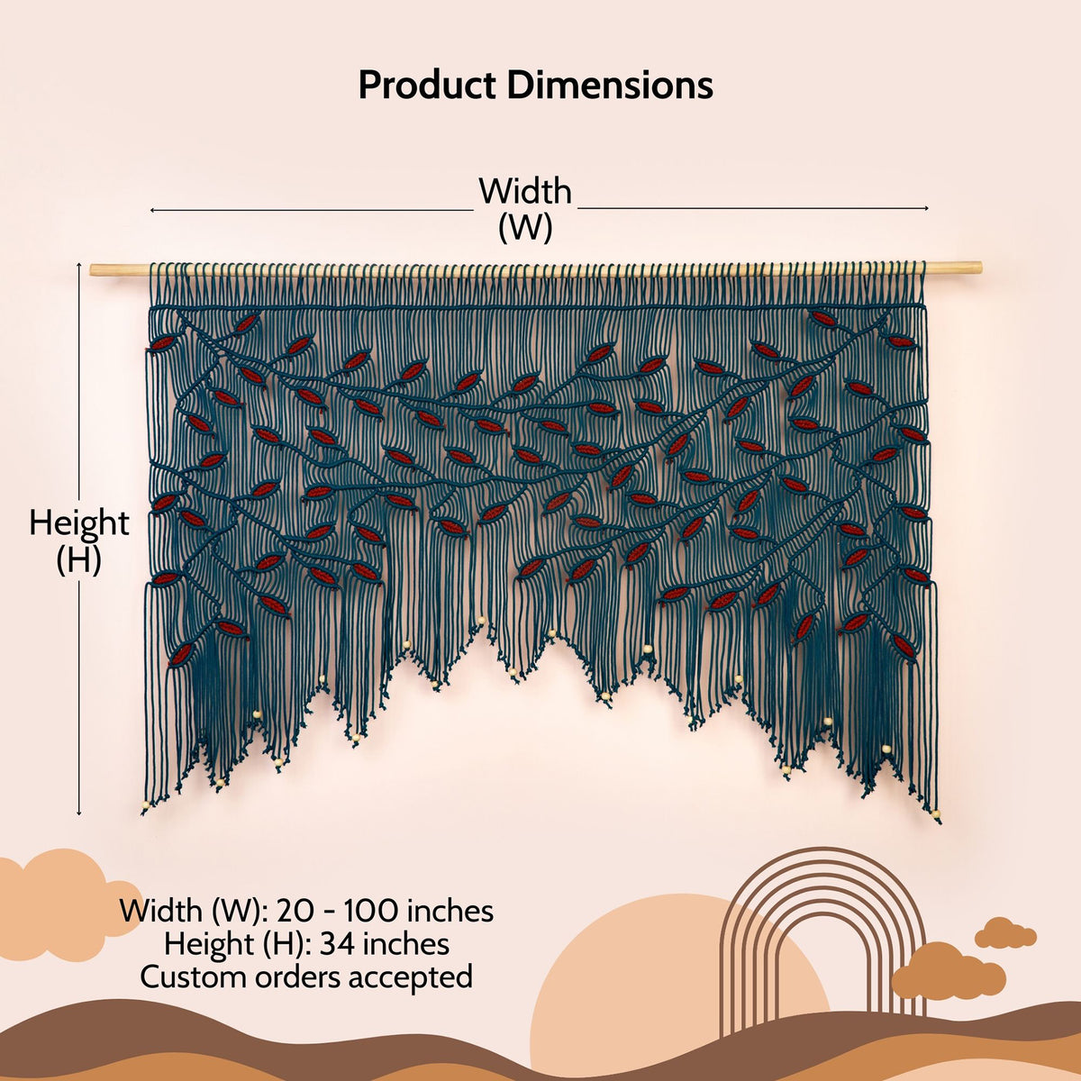 Measurement chart for a decorative wall hanging with dimensions labeled.