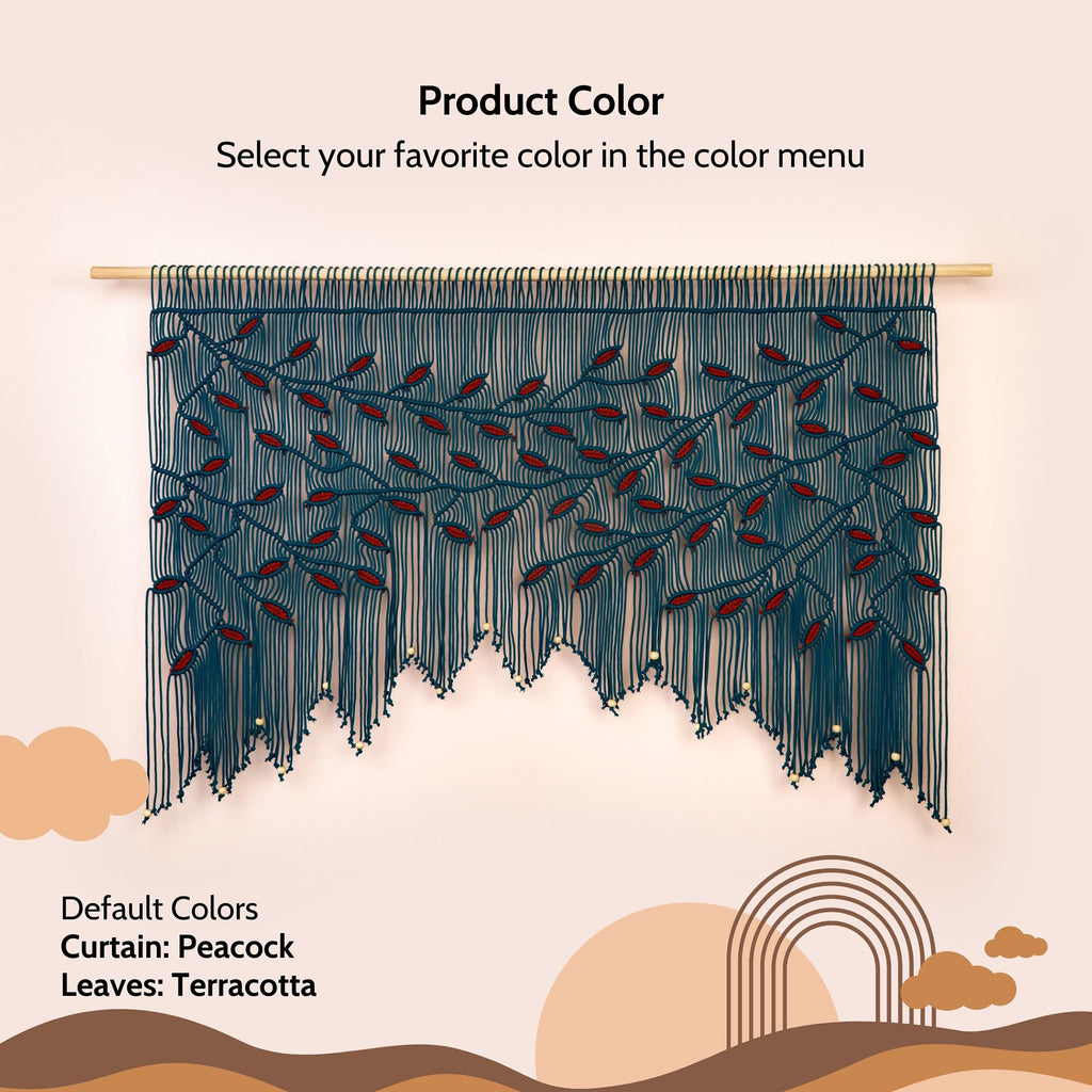Large bohemian tapestry in peacock teal with horizontal vine layout and decorative merlot leaf accents.